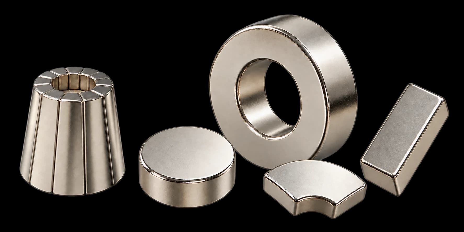 Ring, disc, block, arc and joined arc-segment magnet formats